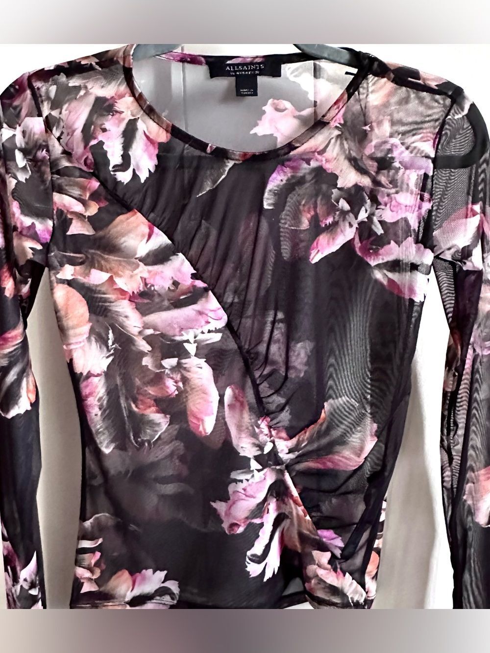 AllSaints Floral Mesh Ruched Top NWT  XS Sheer Long Sleeve